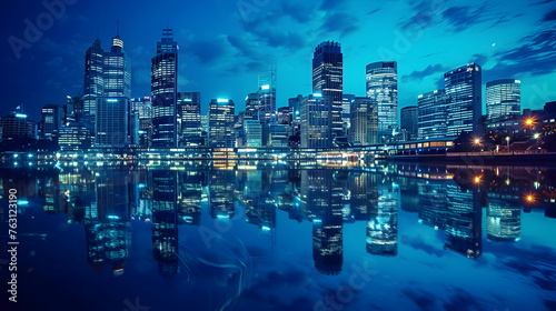 Modern city skyline reflections in the dark blue waterfront at dusk © DESIRED_PIC