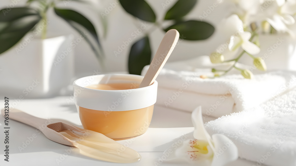 Spa Waxing Treatment with Wooden Spatula and Orchid Flowers Spa Waxing Treatment with Wooden Spatula and Orchid Flowers