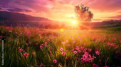 Sunset over the meadow nature beauty in a tranquil scene