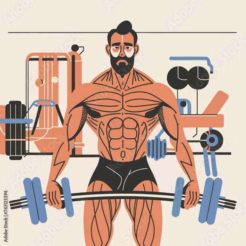 red white black modern style minimalist lines of a strong muscle pose strong body builder anatomy man at gym with bundle Doing exercises in all body positions using different gym equipment