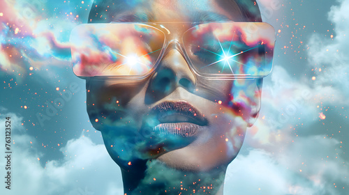 portrait of Ethereal woman in glasses with a background of stars and clouds in surreal futuristic fashion style virtual reality concept