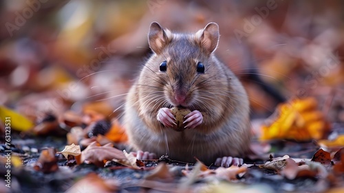 Woodland Rodent Eating Amongst Autumn Leaves