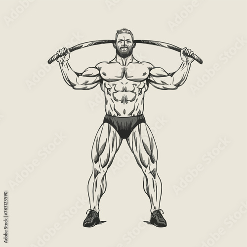 red white black modern style minimalist lines of a strong muscle pose strong body builder anatomy man at gym with bundle Doing exercises in all body positions using different gym equipment