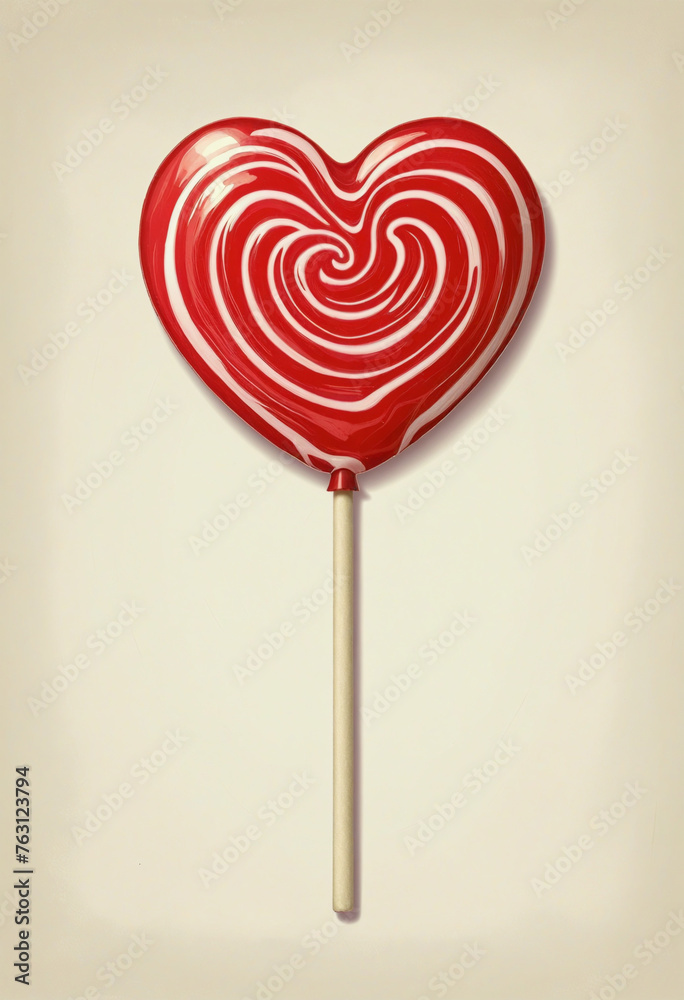 big red heart-shaped lollipop vintage illustration isolated on a transparent background
