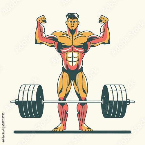 red white black modern style minimalist lines of a strong muscle pose strong body builder anatomy man at gym with bundle Doing exercises in all body positions using different gym equipment