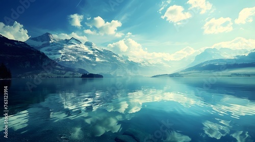 Serene Mountain Lake Landscape with Snow-Capped Peaks Reflection Background