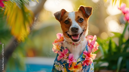 Happy Dog in Hawaiian Shirt and Lei with Tropical Background