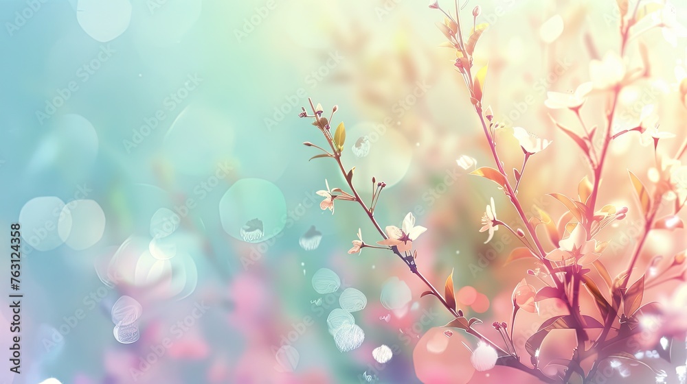 Branch with blooming spring flowers on sunny background, place for text, postcard, cover