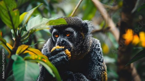 Closeup of a Grey Woolly Monkey Eating in its Natural Rainforest Habitat photo