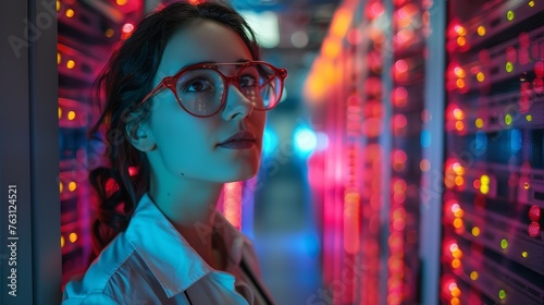 A female engineer in the network server room. Generative Ai