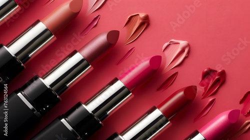 Variety of Lipstick Shades with Swatches on Red Background