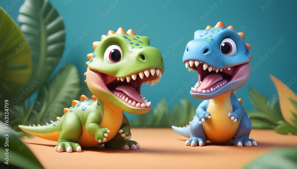 3d render of cute dinosaurs in green tropical jungle background. Generative AI 3d render of cute dinosaurs in green tropical jungle background. Generative AI
