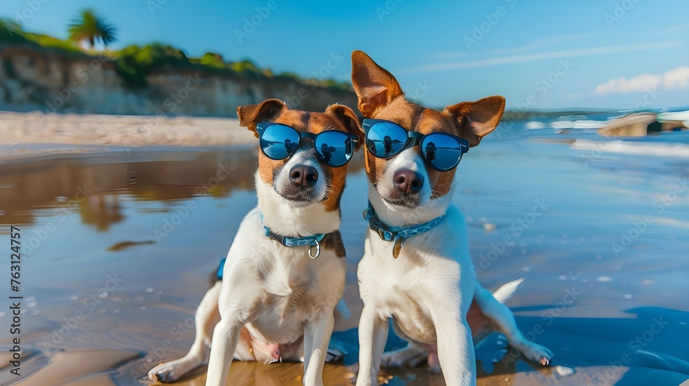 Two dogs wearing sunglasses
