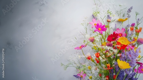 Bouquet of spring wildflowers in glass vase on wooden table