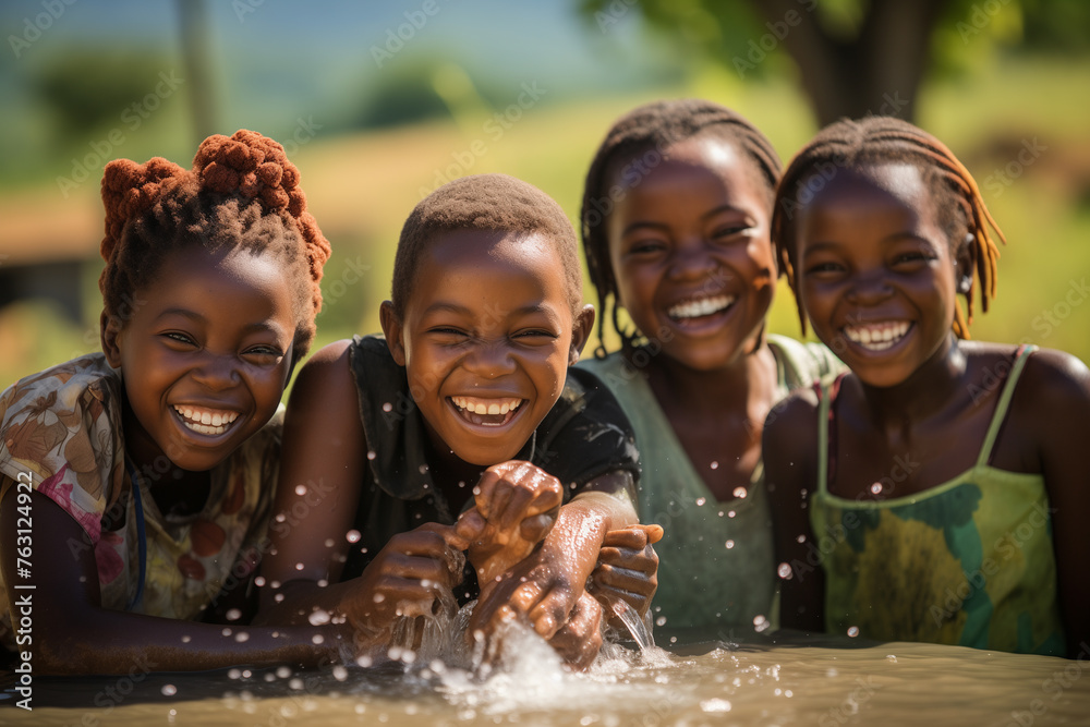 Joyful african children playing with water - obrazy, fototapety, plakaty 