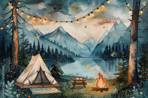 campsite with tent, string lights and fire with lake and mountains in background at dust, watercolor painting  photo