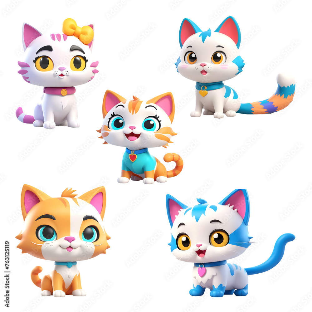 Cute cat set isolated on a white background. 3d rendering. Generative AI Cute cat set isolated on a white background. 3d rendering. Generative AI