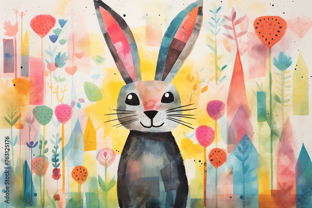 Obraz premium Easter creative retro, contemporary abstract collage style of colorful, vivid eggs, rabbit and spring elements and traditional symbols background.