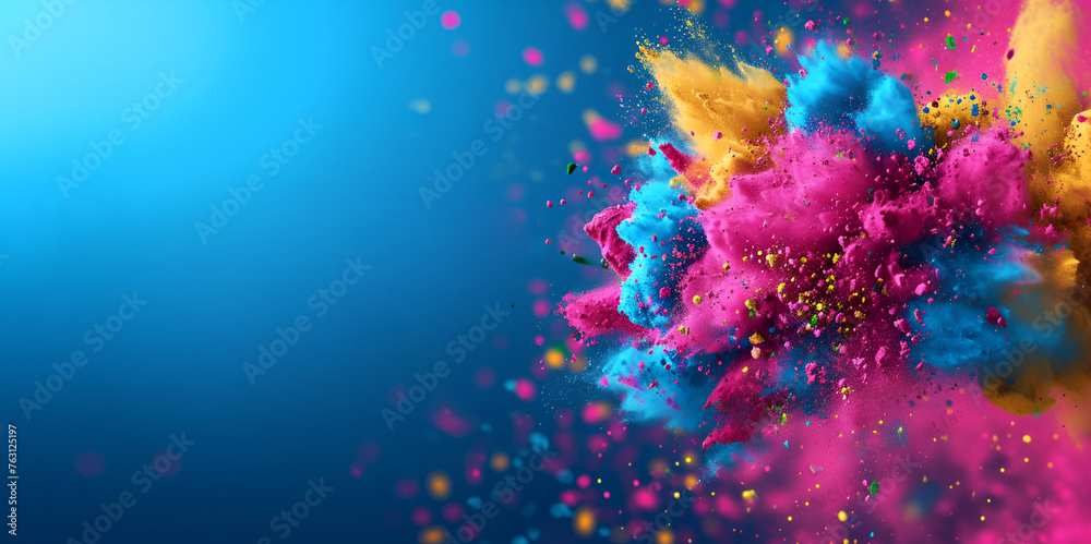 Holi color explosion on blue background