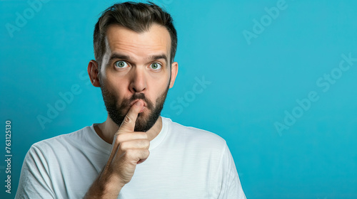 Man gesturing silence, quiet, one finger on his mouth isolated on pastel blue background