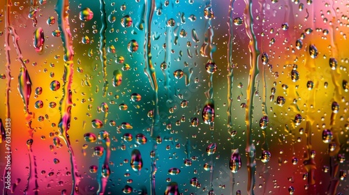 Abstract art of raindrops on a window. Creative beauty in nature, with colors abound. Screen saver and background wonder through simplistic and delicate magnificence.