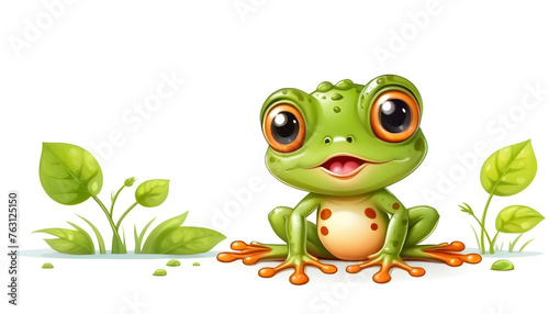 Cute frog and green leaves on white background. Vector illustration. Generative AI
