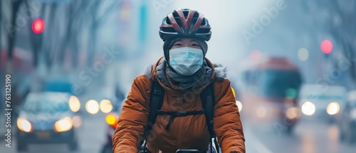 A woman wearing a mask rides a bike down a street © Woraphon