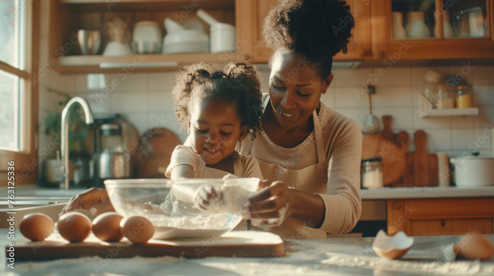 A woman and a young girl are smiling while mixing ingredients in a bowl in a sunlit kitchen.