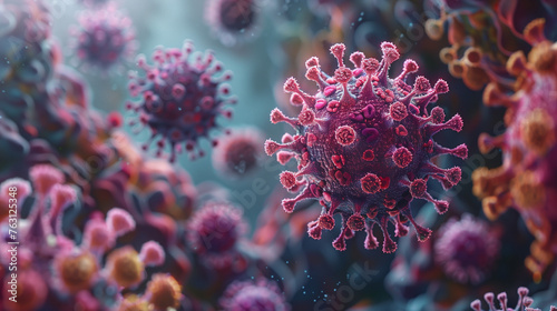 Virology Vision: Microscopic 3D Viruses Texture in Science Panoram, generated by IA