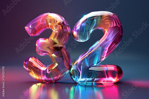 Colorful number thirty two. Holographic gradient. Symbol 32. Invitation for a thirty second birthday party or business anniversary. Neon light and colors. Iridescent color.
