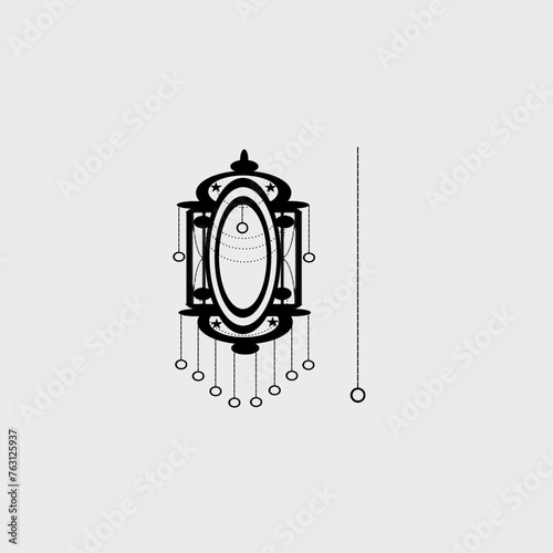 Shape Of Lantern: Black color lantern shape  decorated with chain, circle, and shapes isolated on white background.Shapes cutting work. photo