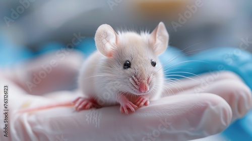 A lab technician holds a little test mouse carefully in his palm. Generative Ai