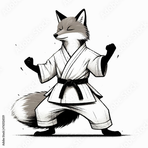 red fox in kimono with belt training karate and taekwondo