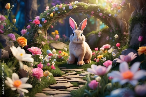 Cute Easter bunny sitting in the flowers garden. 