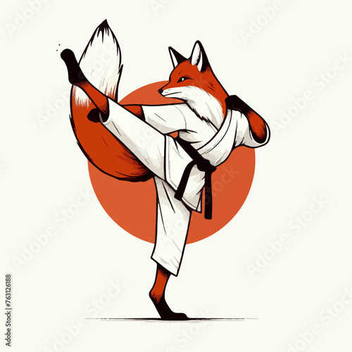 red fox in kimono with belt training karate and taekwondo