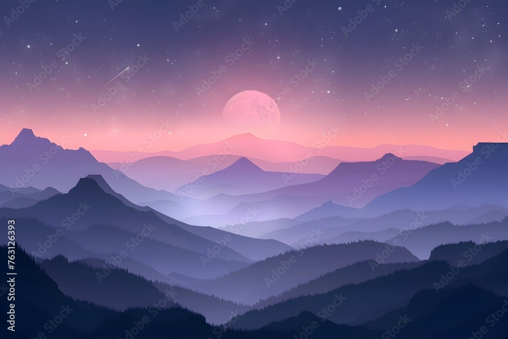 Starry Night Mountain Landscape: A of a Peaceful Hillside Silhouetted Against a Purple-Pink Sky Starry Night Mountain Landscape: A of a Peaceful Hillside Silhouetted Against a Purple-Pink Sky