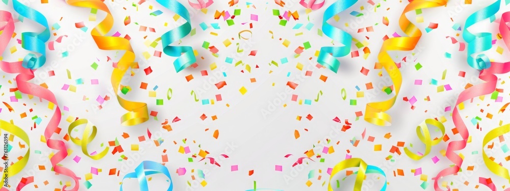 Festive overlay, Party streamers, serpentine, curly paper ribbons. Colorful explosion confetti. Multicolored party decorations. Concept for party.