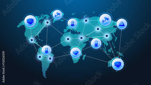 Global Video Surveillance Security: Monitoring and Connecting World Security Zones with CCTV and IP Camera Concepts. Vector photo