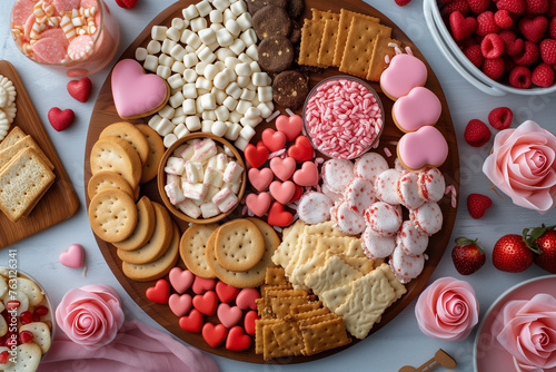 A set of desserts of cookies, marmalade, strawberries, raspberries, chocolate on wooden stands on a white marble table. Top view.
