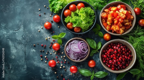 top view fresh and healthy superfoods ingredients, tasty beautiful food preparation scene, sliced onion, tomato, green, salad, cranberry, Generative Ai