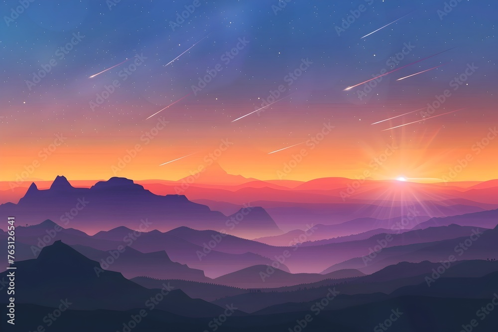 Sunrise Mountains Silhouette with Shooting Stars - Art