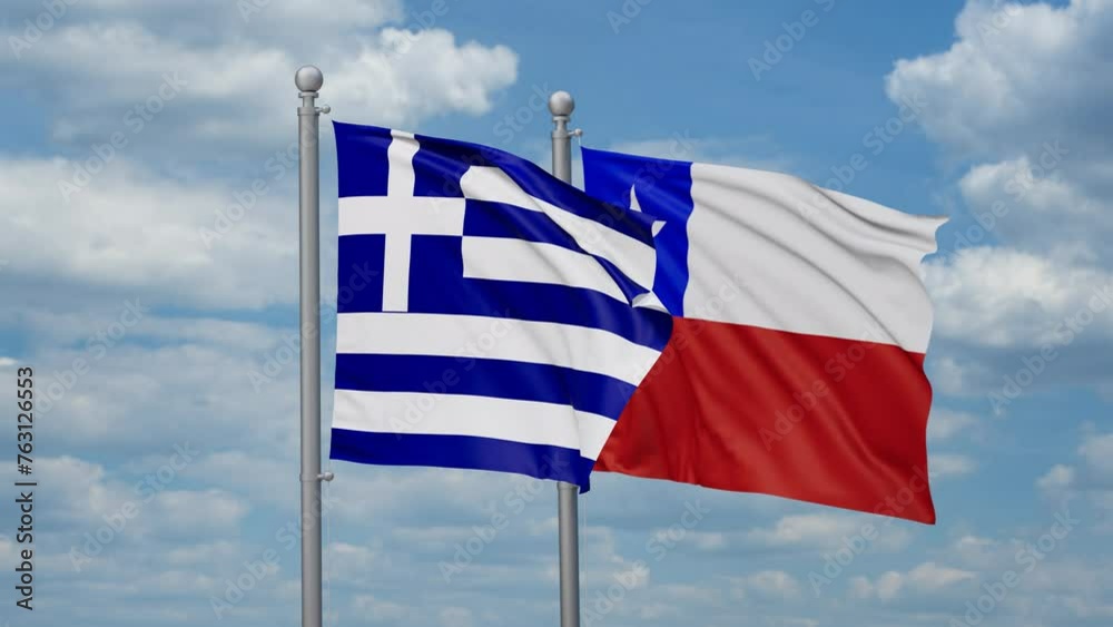 Chile and Greece two flags waving together, looped video, two country relations concept Chile and Greece two flags waving together, looped video, two country relations concept