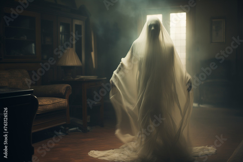 Vintage blurred image of creepy ghost woman in dark haunted house.