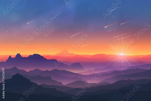 Sunrise Mountains Silhouette with Shooting Stars - Art