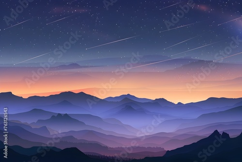 Starry Night Mountains: of Layered Silhouette Ranges and Streaking Shooting Stars in a Pastel Sky photo