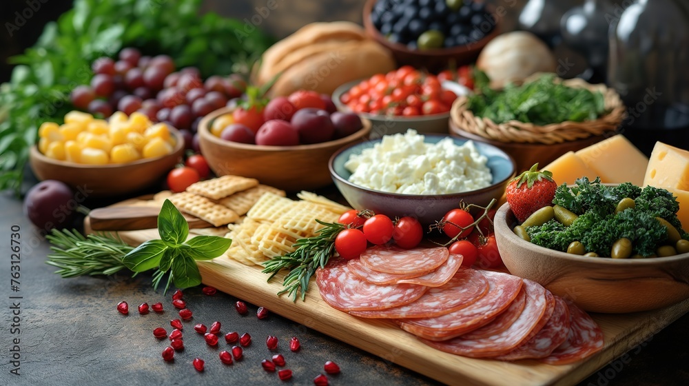 top view fresh and healthy superfoods ingredients, tasty beautiful food preparation scene, ham, cheese, salad, tomato, berries, green vegetable, herb, Generative Ai
