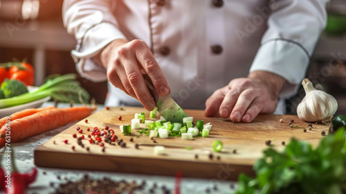 A chef dices vegetables on a wooden chopping board with ingredients scattered around.