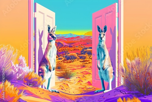 Kangaroos at Doors Overlooking Distinct Desert Landscapes in Surreal Digital Art photo