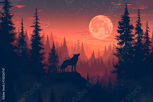 Silhouette Wolves Howling at the Moon: A Multi-Layered Forest Landscape in Style