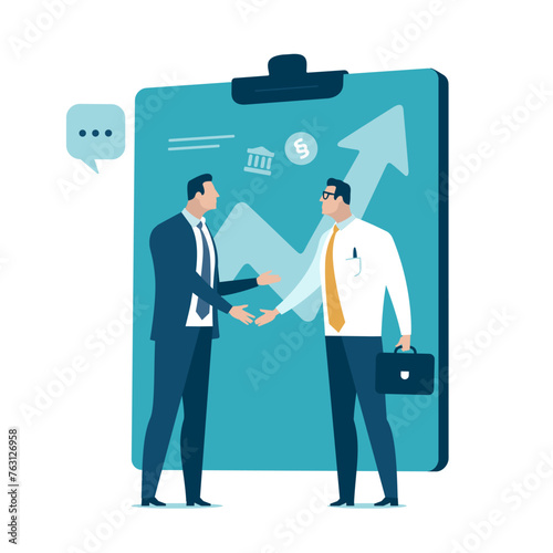 Cooperation. Joint venture. Business people shaking hands in front of a document with rising arrow sign. Concept vector illustration